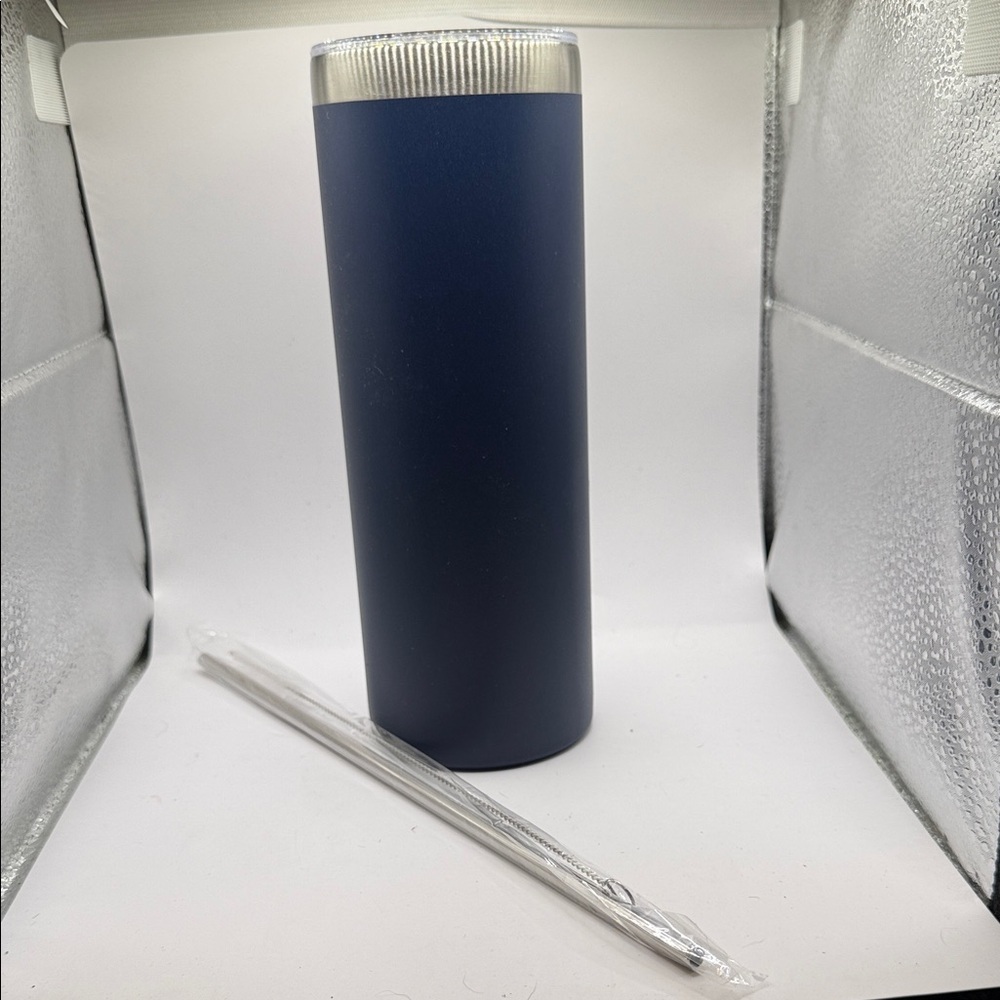 Navy Blue Slim Insulated 20 oz Tumbler with Clear Lid, reusable straw/brush